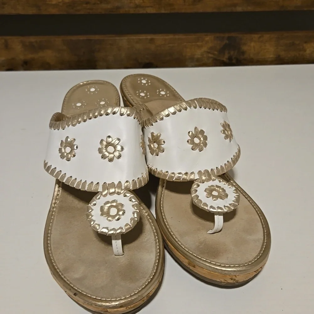 Jack Rogers Women's White and Gold Leather Upper Wedge Sandals Size 9.5